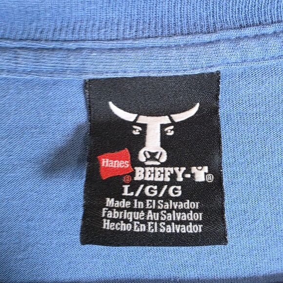 Hanes Beefy-T Vintage 90s Graphic Tee dog water fight Navy Blue Size Large - Picture 4 of 9